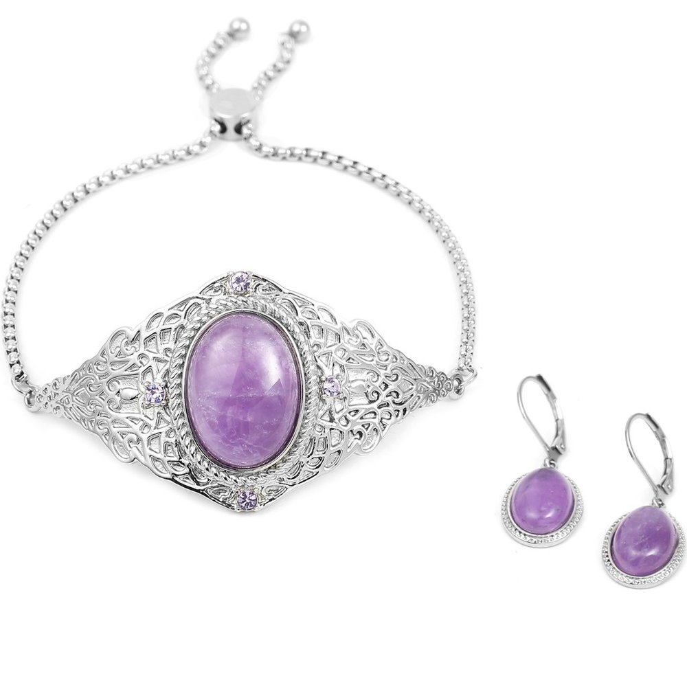 NEW Amethyst & Austrian Crystal Earrings & Bolo Bracelet Set